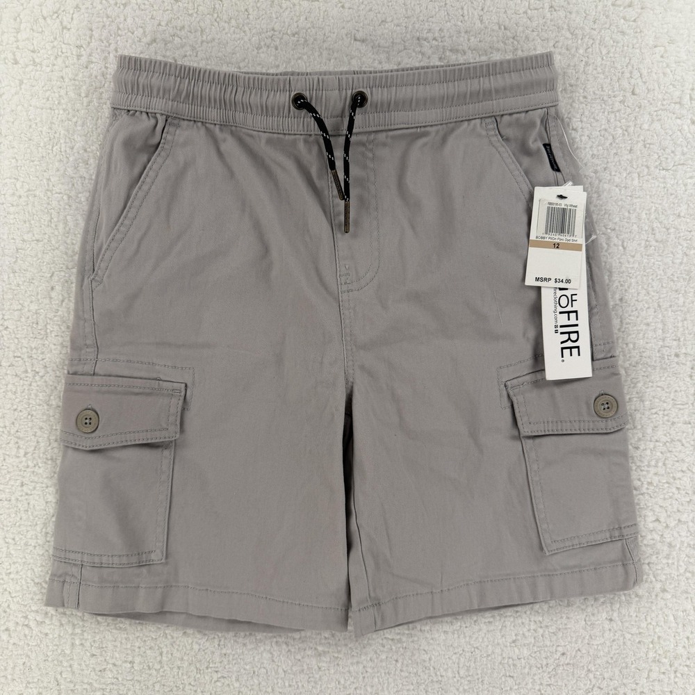 Ring Of Fire Cargo Shorts Boys 12 Gray Twill‎ Elastic Waist Drawstring Pockets